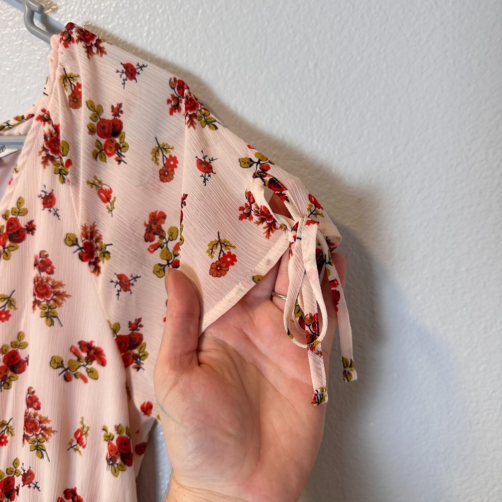 Madewell Sz-4 Midi Dress Tie Sleeve Ruffle Waist Countryside‎ Blooms Pink Floral - Picture 12 of 15